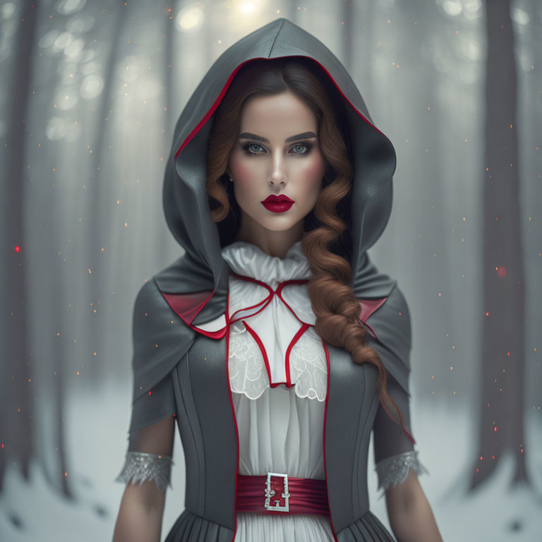 Stylized illustration of woman in red hood in wintry forest