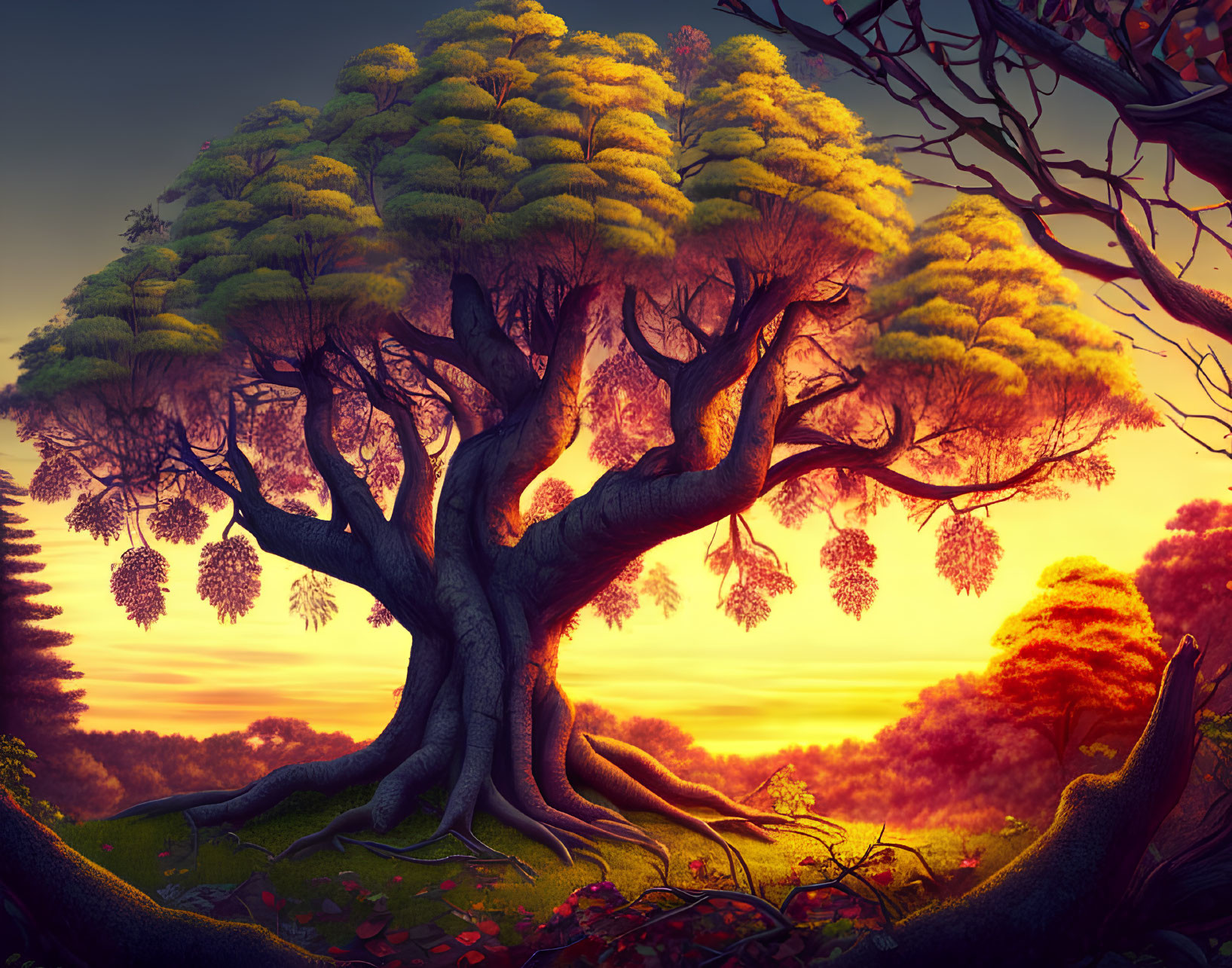 Majestic tree with thick trunk and lush canopy in warm sunset glow