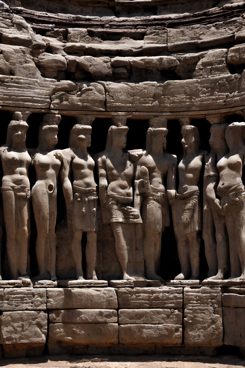 Ancient relief of carved male figures on weathered stone wall