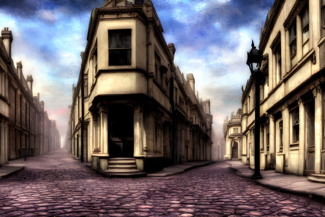 Historic cobblestoned street in old-fashioned town with street lamps and historic buildings under hazy