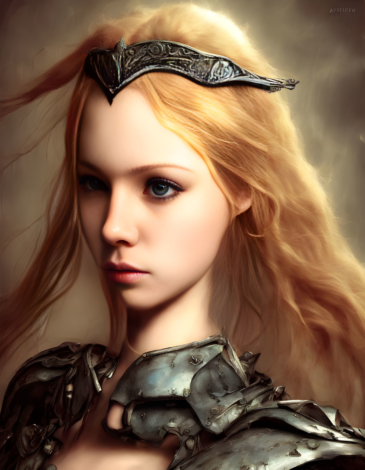 Digital artwork of woman with blonde hair, metal crown, armor, contemplative expression