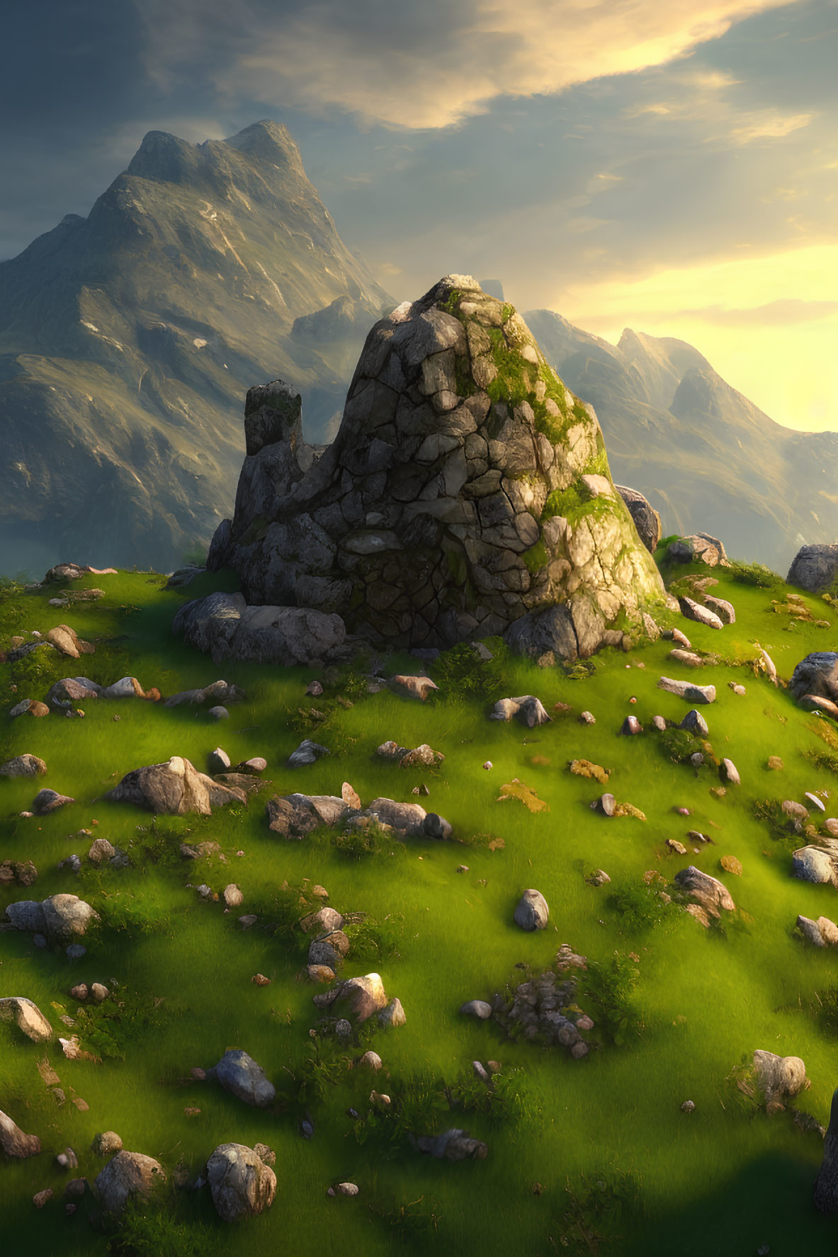 Scenic sunset view of verdant hills, ancient ruin, and mountains