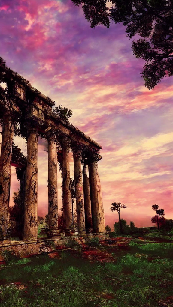 Ruined temple columns under vibrant sunset sky with overgrown surroundings