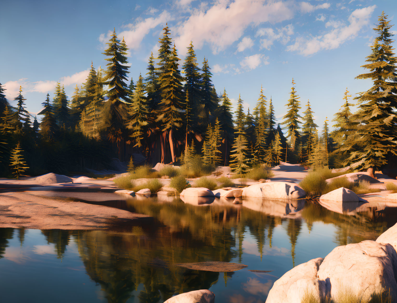 Tranquil forest scene with evergreens, lake reflection, boulders, and warm sunlight