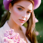 Woman with Long Hair in Purple Hat Surrounded by Pink Flowers and Nature Backdrop