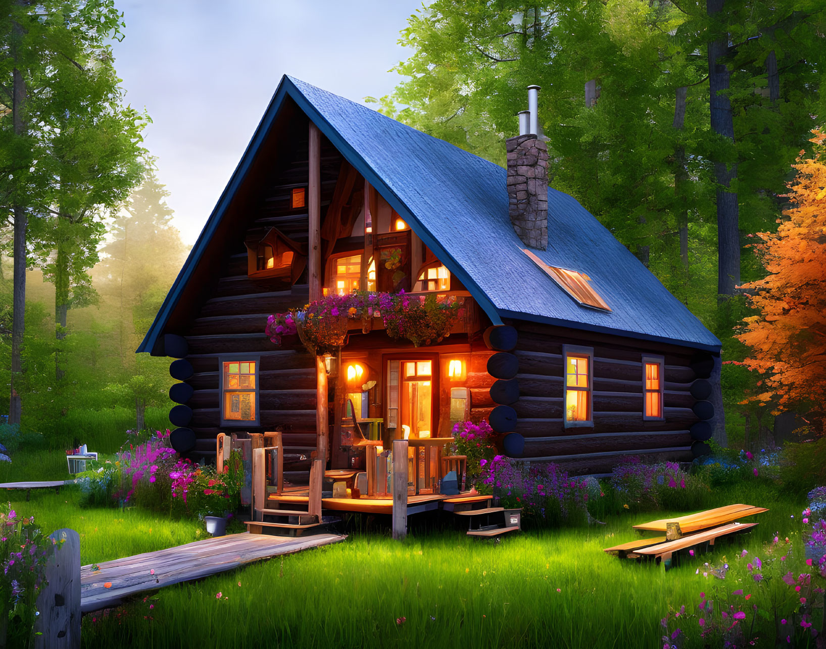 Cozy log cabin with blue roof in forest at dusk