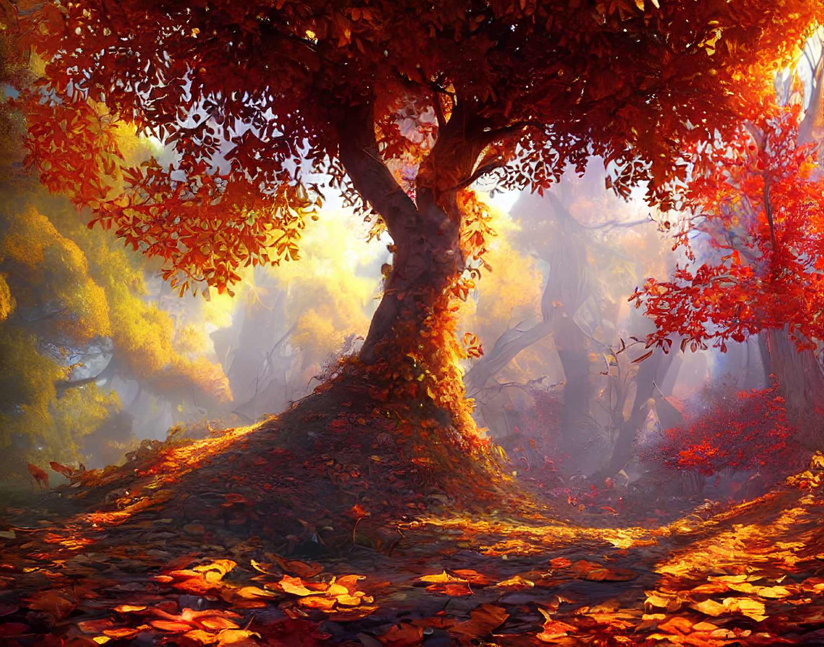 Vibrant Autumn Forest with Sunlight and Fallen Leaves