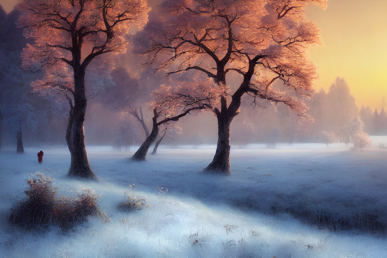 Winter landscape: person in red walking among frost-covered trees