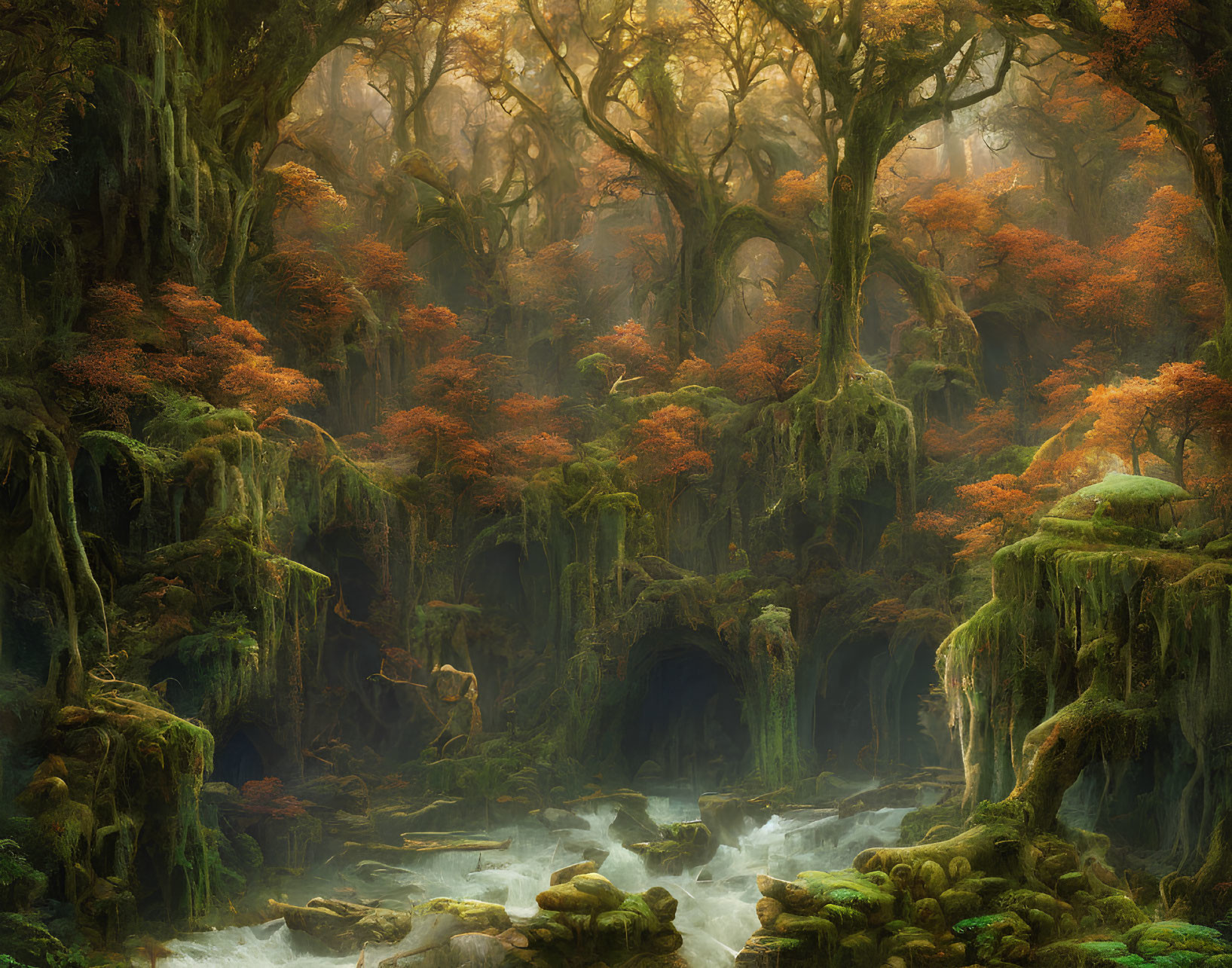 Moss-Covered Trees in Enchanted Forest Scene