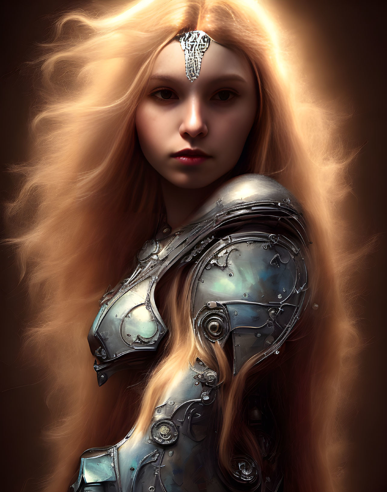 Digital portrait of young woman in silver armor with blonde hair on dark background