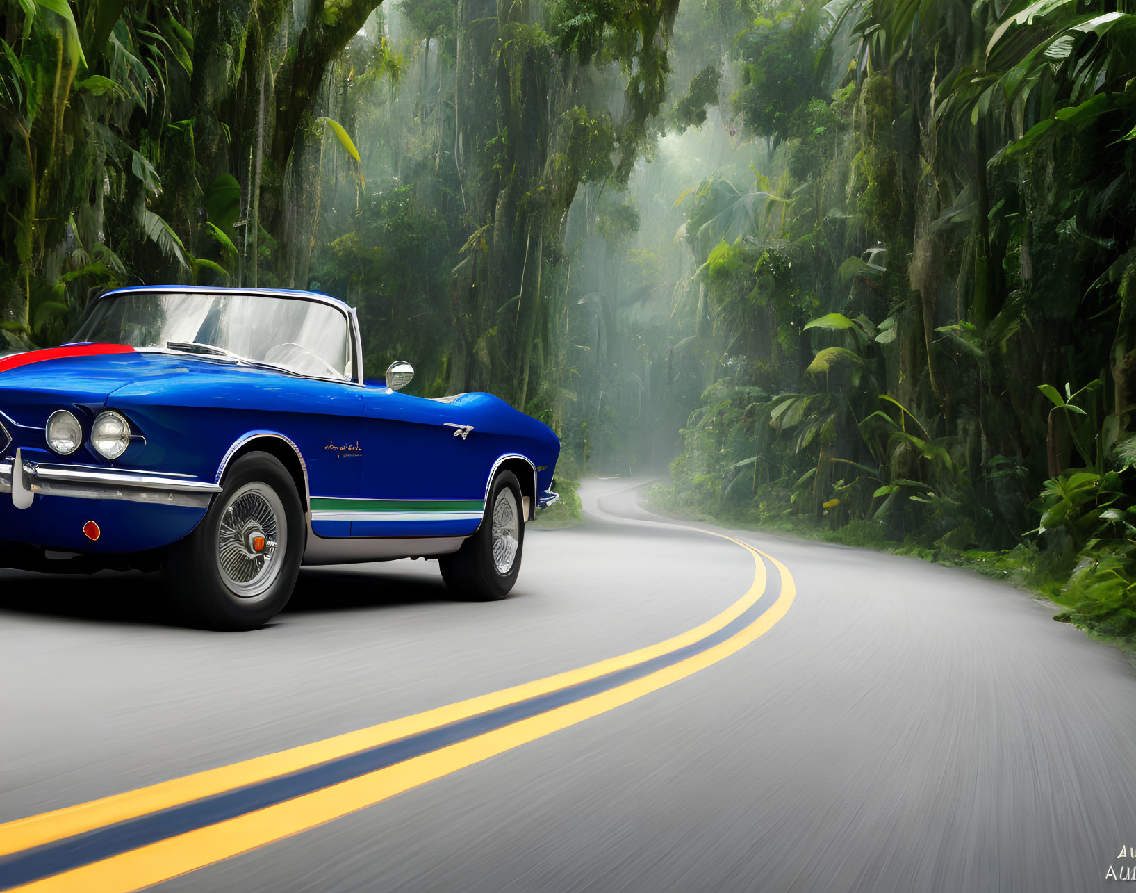 Blue vintage convertible car on winding road in lush green rainforest