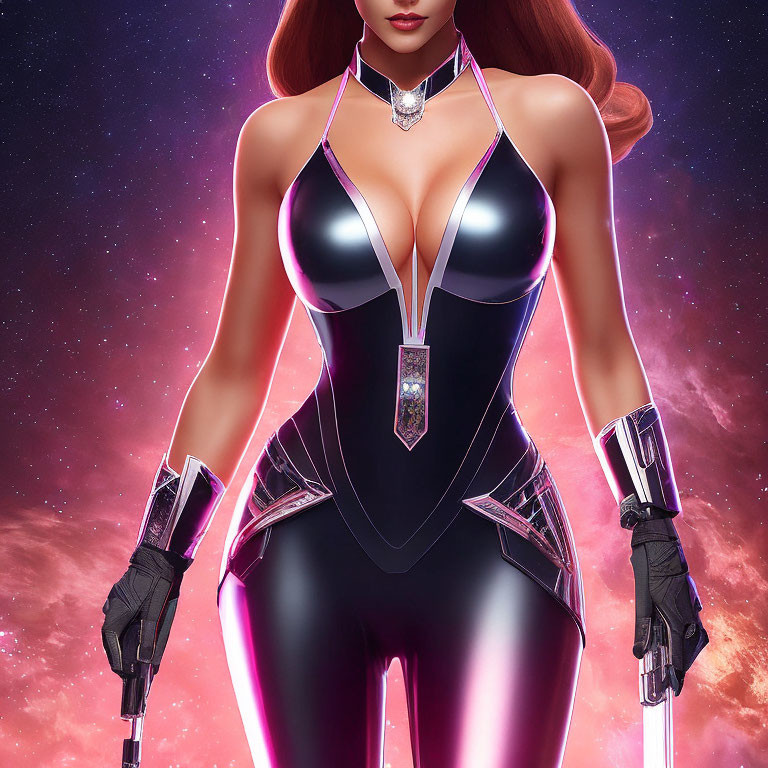 Futuristic digital artwork of red-haired female character in black and purple bodysuit