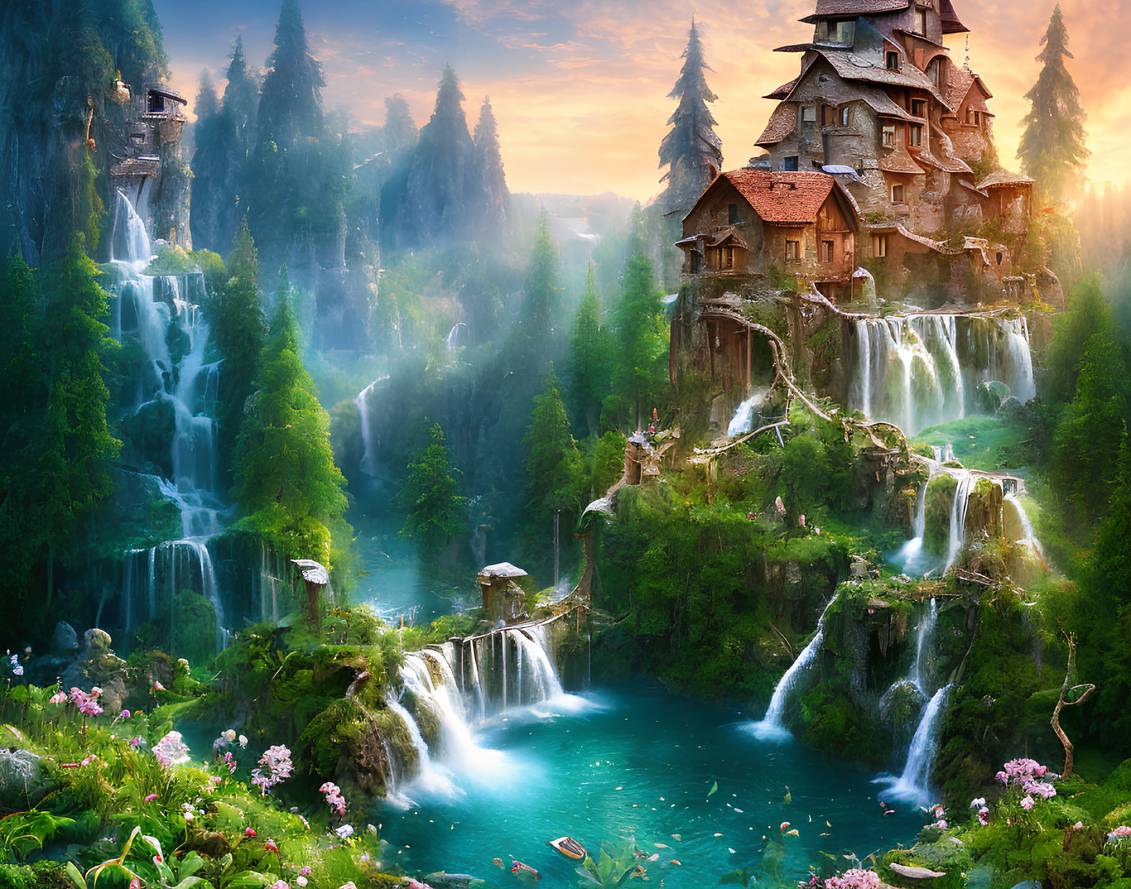 Fantasy landscape with waterfall network, lush greenery & grand house among cliffs