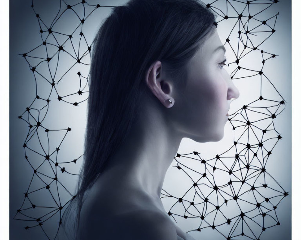 Woman's side profile with network of lines and dots representing neural connections