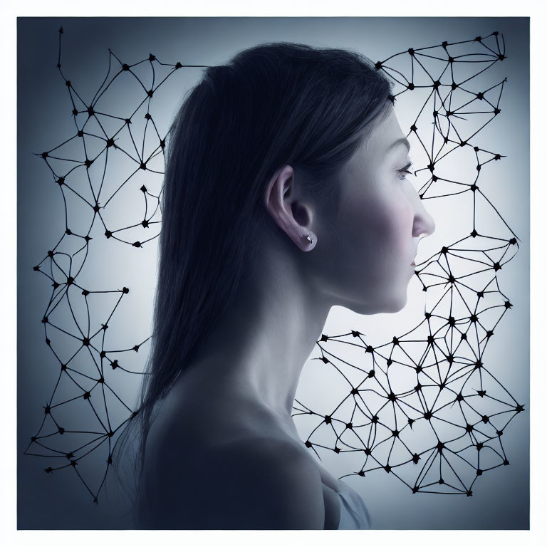 Woman's side profile with network of lines and dots representing neural connections