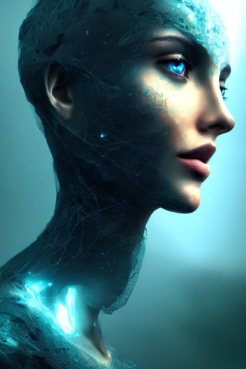 Futuristic humanoid digital art with translucent blue skin and circuitry patterns