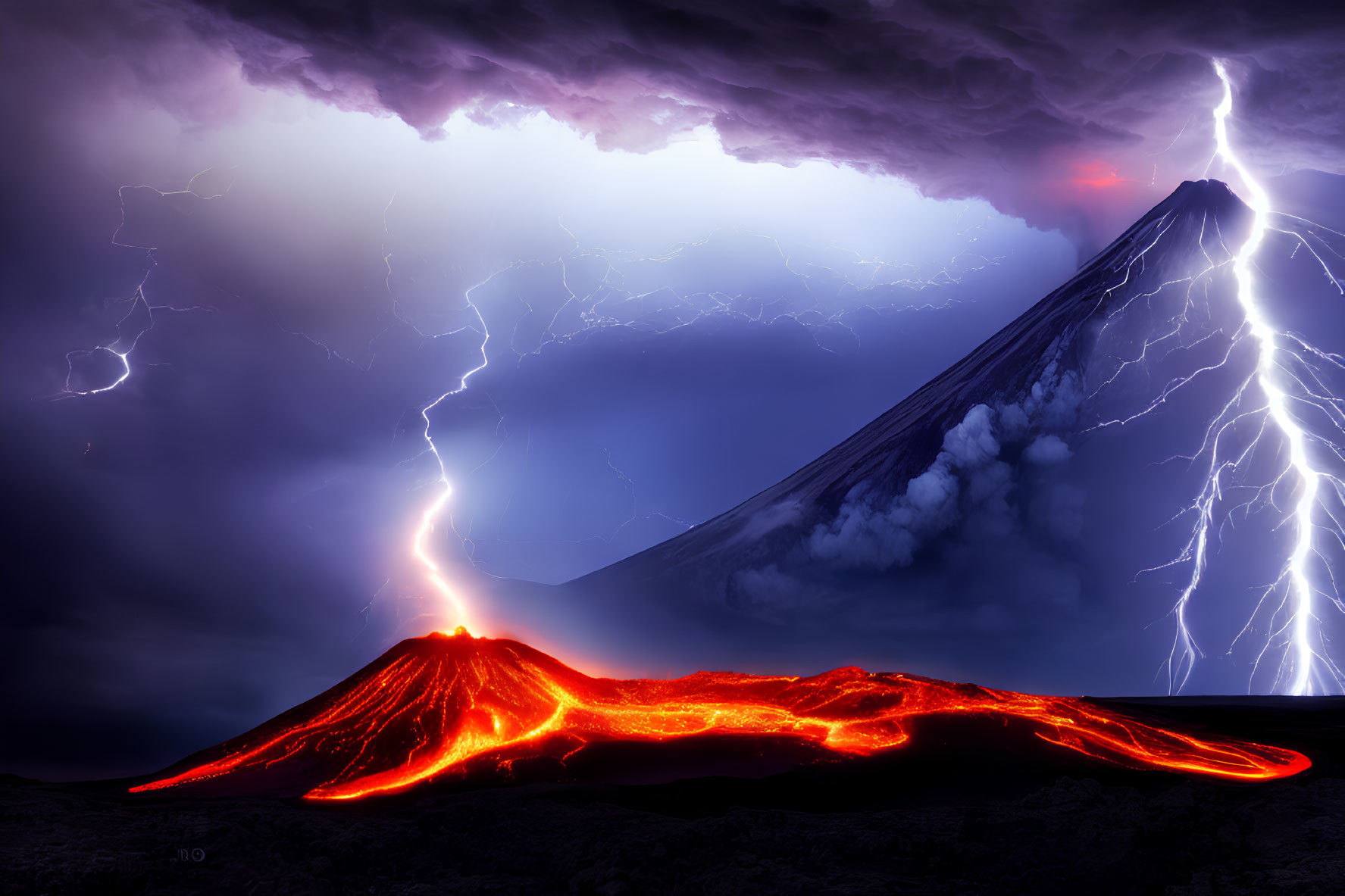 Erupting Volcano Scene with Lightning and Ash Clouds