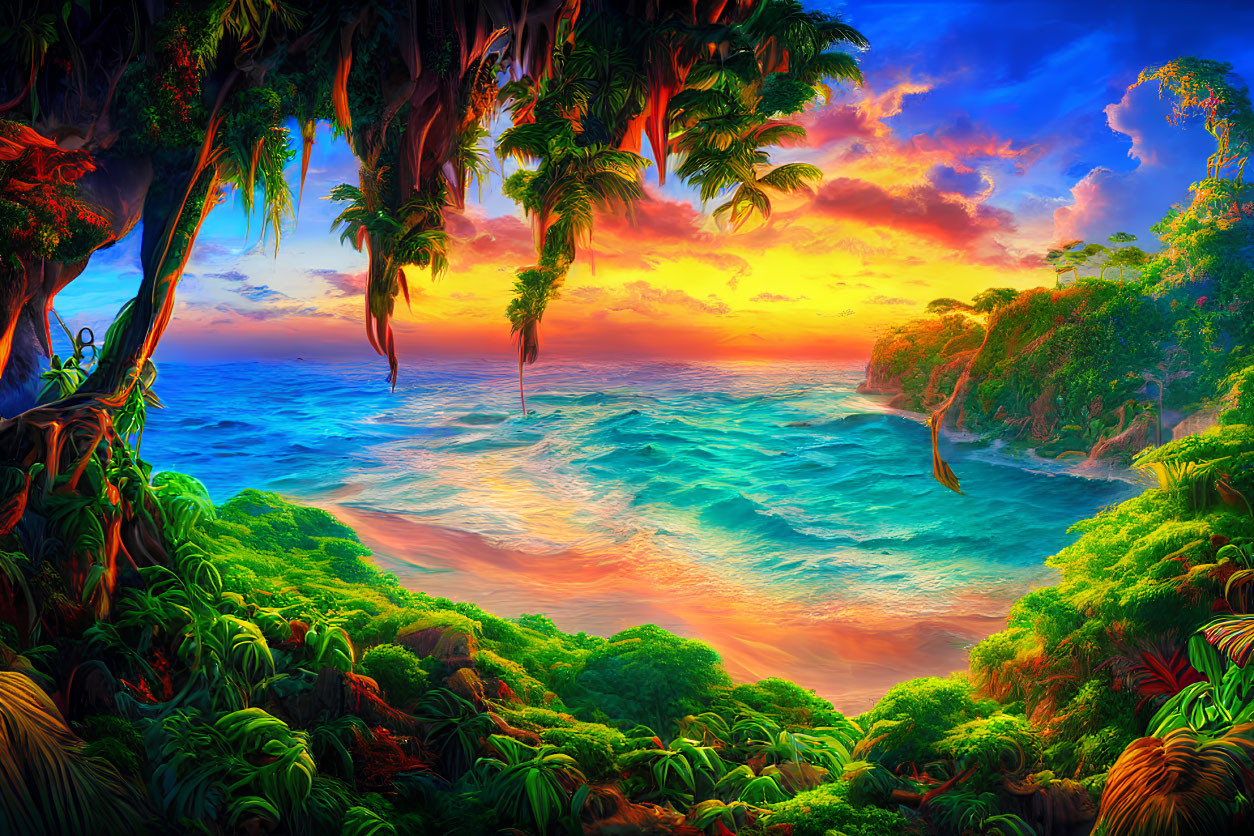 Tropical Seascape with Sunset, Greenery, and Ocean Waves