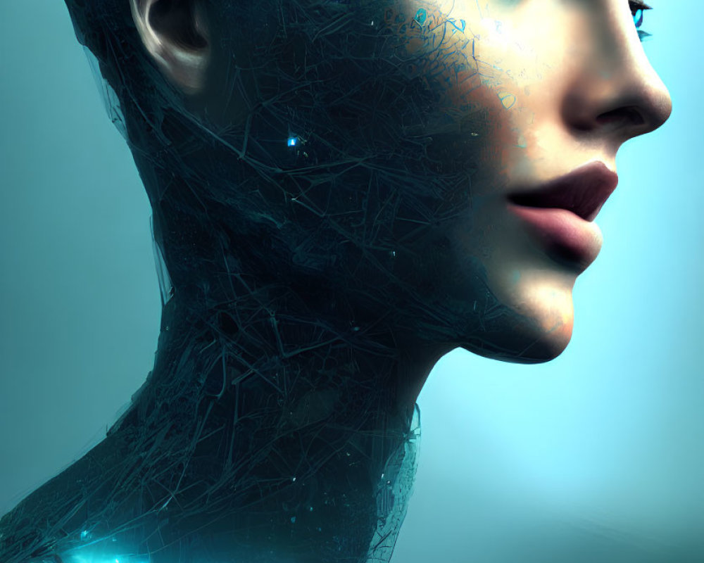 Futuristic humanoid digital art with translucent blue skin and circuitry patterns