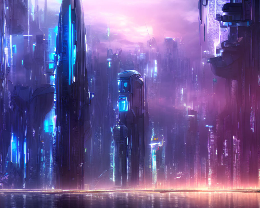 Futuristic neon-lit cityscape with twilight sky and water reflection