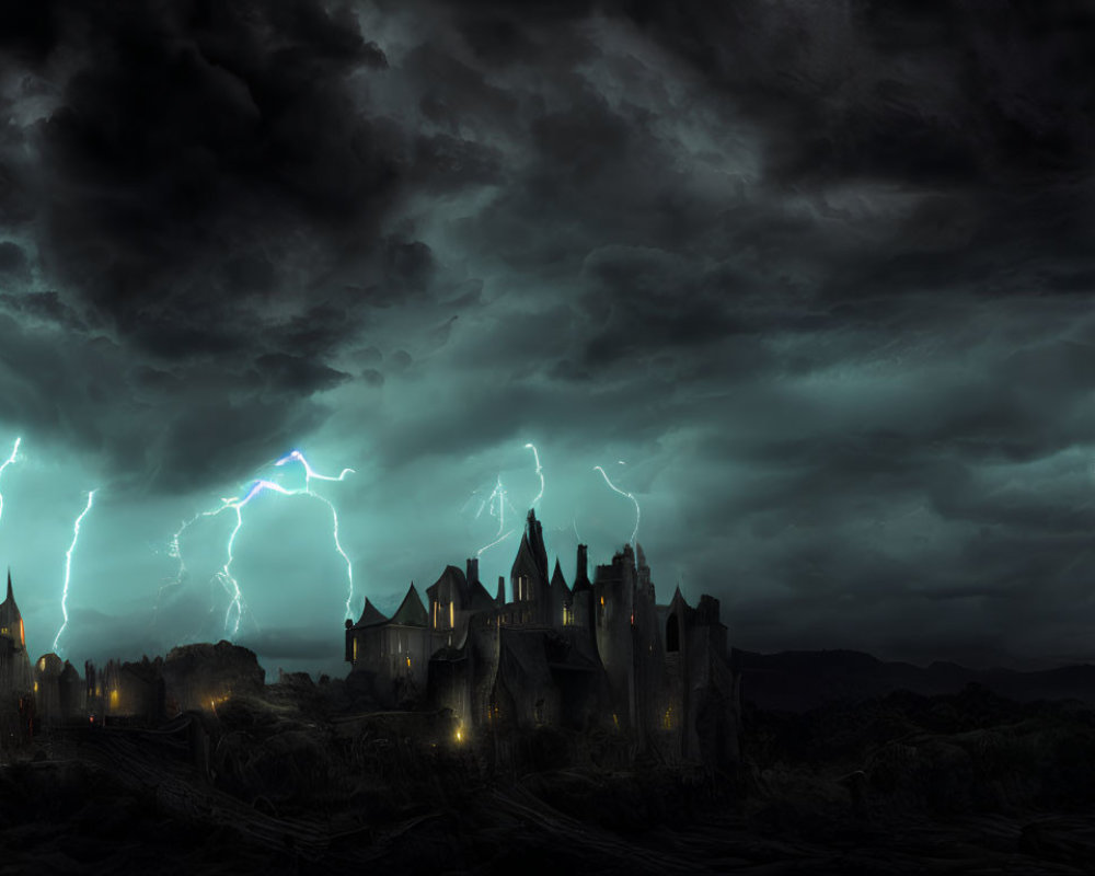 Ominous castle under stormy sky with lightning bolts