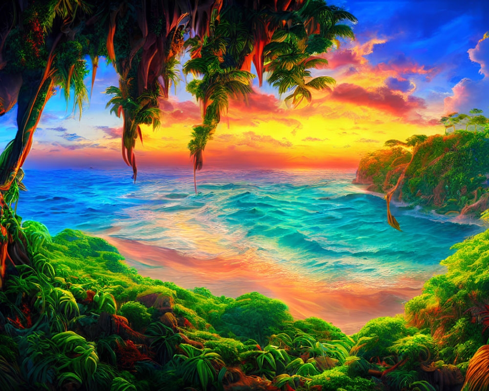 Tropical Seascape with Sunset, Greenery, and Ocean Waves