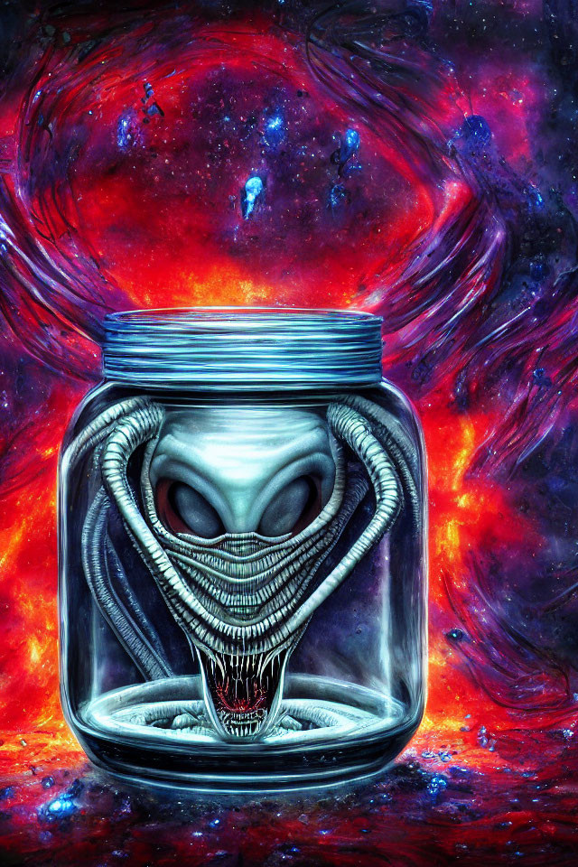 Spooky alien head with big eyes and sharp teeth in jar on cosmic nebula background