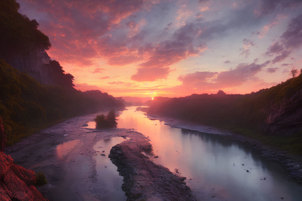 Tranquil Sunset River Landscape with Pink and Orange Skies