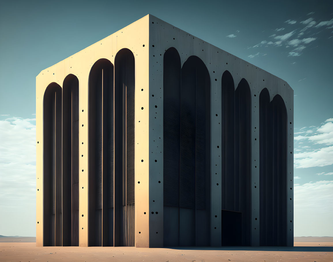 Symmetric Concrete Building with Tall Pillars in Desert Landscape