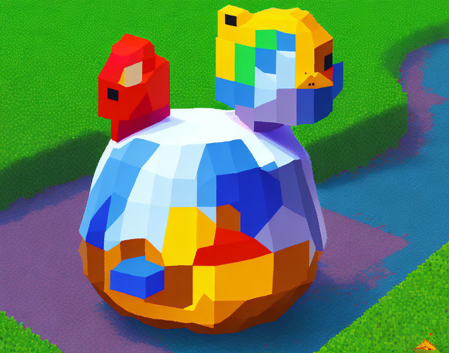 Vibrant low-poly tortoise art with birds in grassy setting