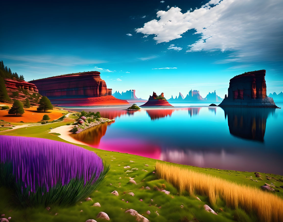 Scenic landscape with blue lake, red rocks, colorful grasses