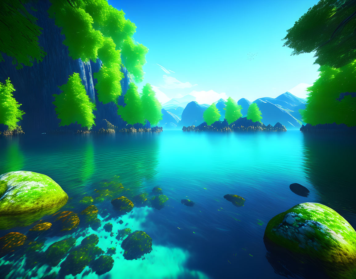 Tranquil lake landscape with lush green trees and distant mountains