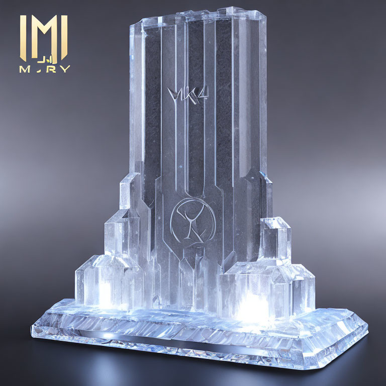 Transparent Crystal Trophy with Geometric Designs and Engraved Emblem