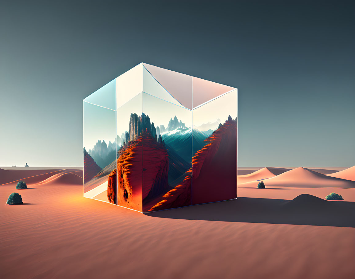 Surreal landscape with glass cube and contrasting terrains