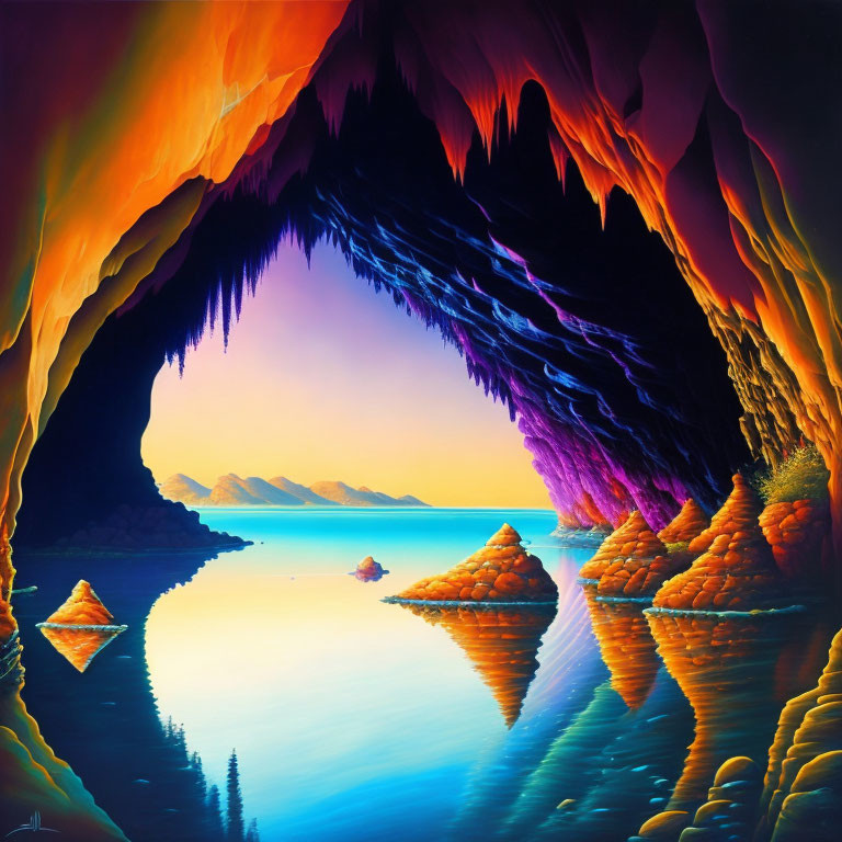 Colorful Cave Painting Overlooking Serene Lake and Pyramids at Dusk