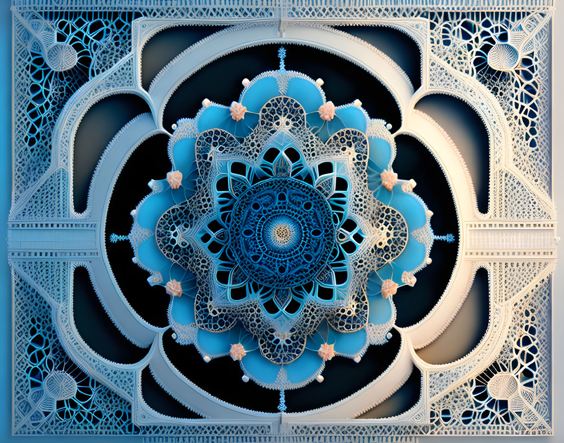 Symmetric mandala-inspired digital art with floral and geometric patterns in blue and cream on dark background