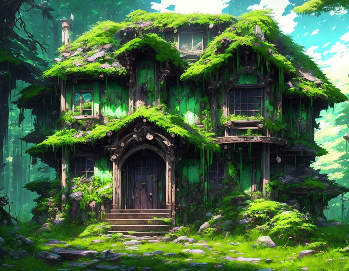 Enchanting forest cottage with ivy and moss, glowing windows, and mystical ambiance.