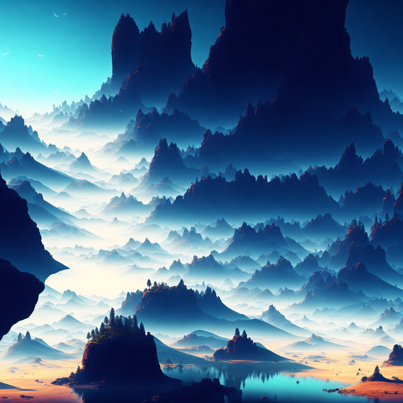 Tranquil digital artwork of blue mountain ranges, lake, islands, and sky