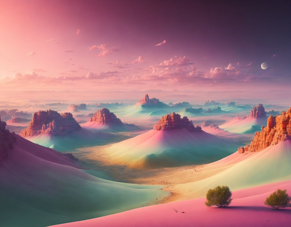 Colorful Sand Dunes and Misty Layers Under Pastel Sky