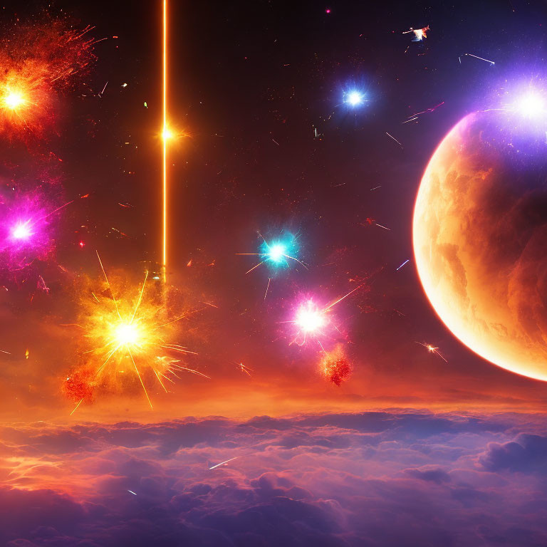 Colorful cosmic scene with planet, stars, and nebula clouds in outer space.