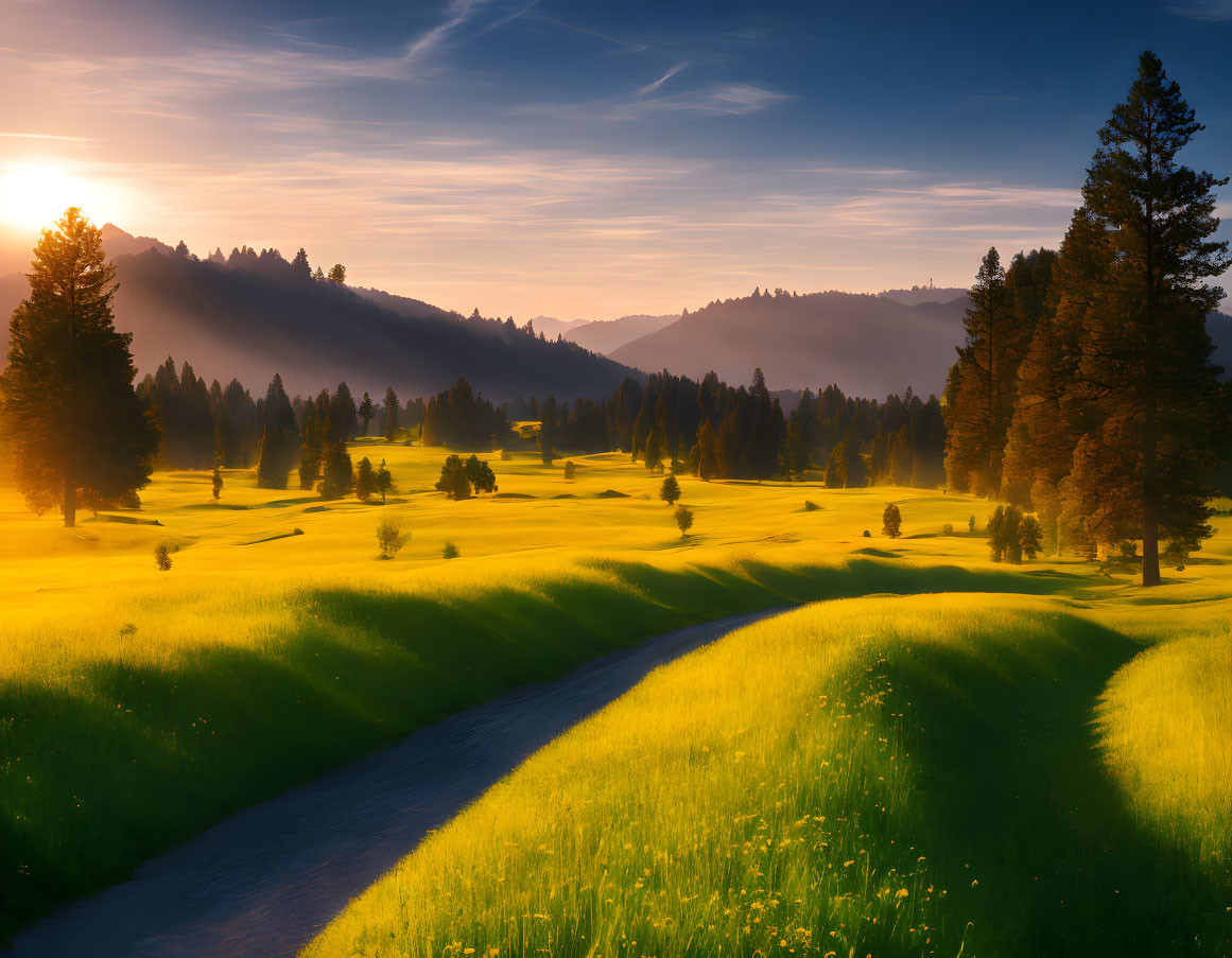 Tranquil Sunset Landscape with Winding Path