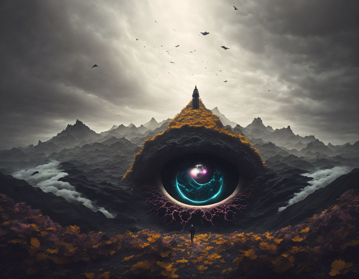 Surreal landscape with mountain eye, person, tower, clouds, and birds