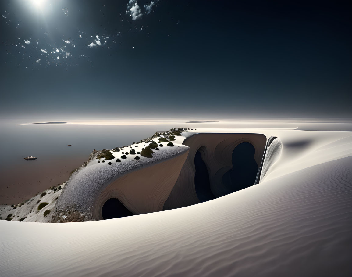 Twilight desert landscape with sand dunes, sea, boat, and starry sky