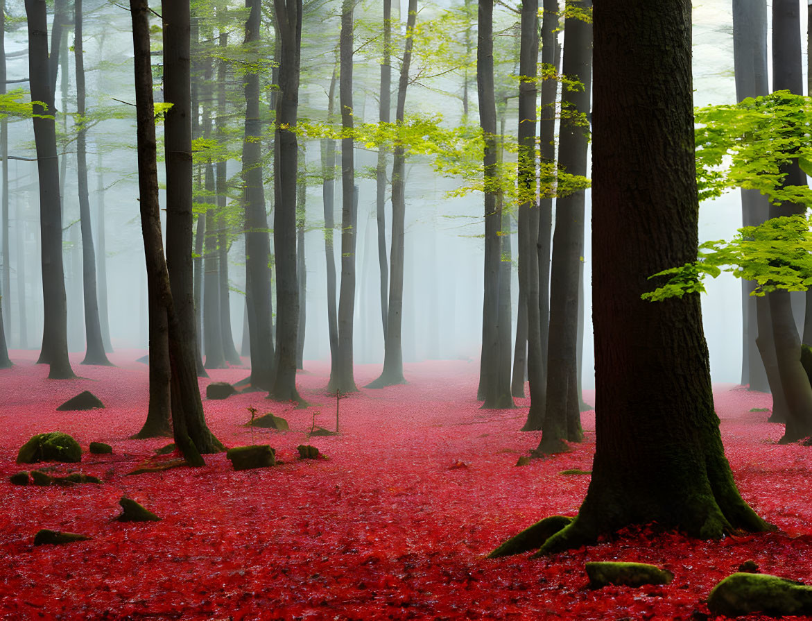 Tranquil forest with tall trees and red leaf-covered floor in soft mist