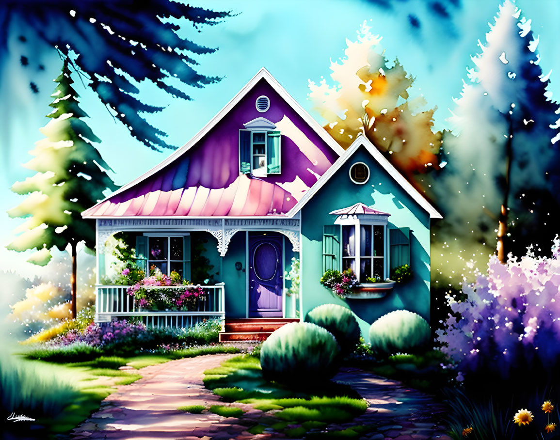 Vibrant illustration of charming house with purple roof in dreamy setting