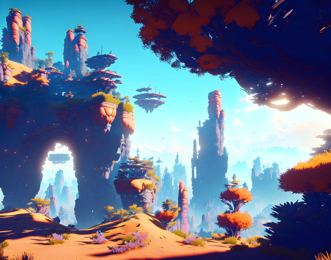 Colorful alien landscape: towering rocks, floating islands, exotic foliage under blue sky