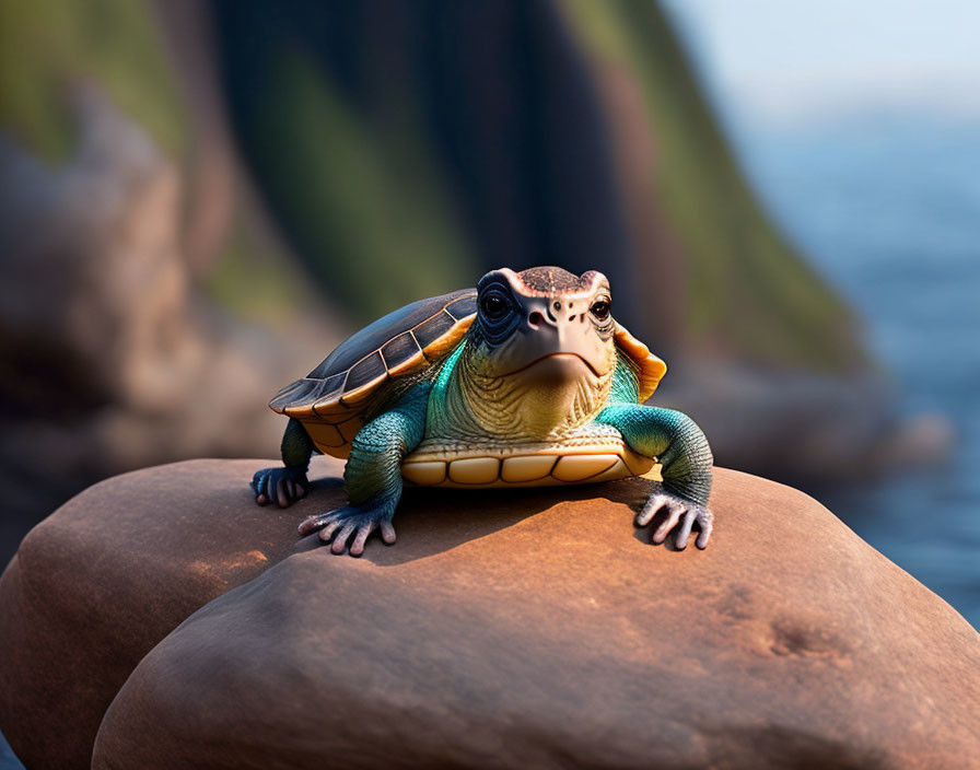 Realistic 3D-animated turtle with detailed shell on rock by serene coastal backdrop