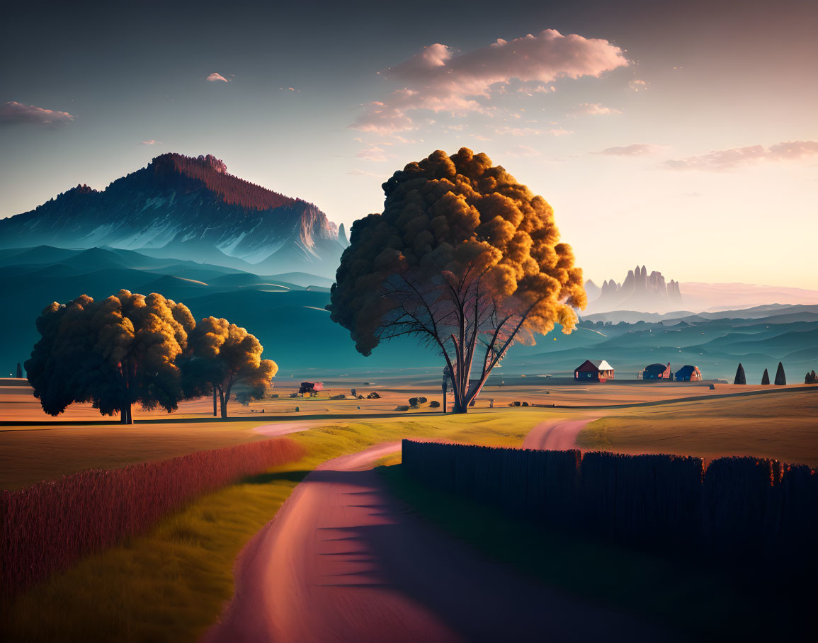 Tranquil dusk landscape with winding road, small house, trees, mountains, and warm sky