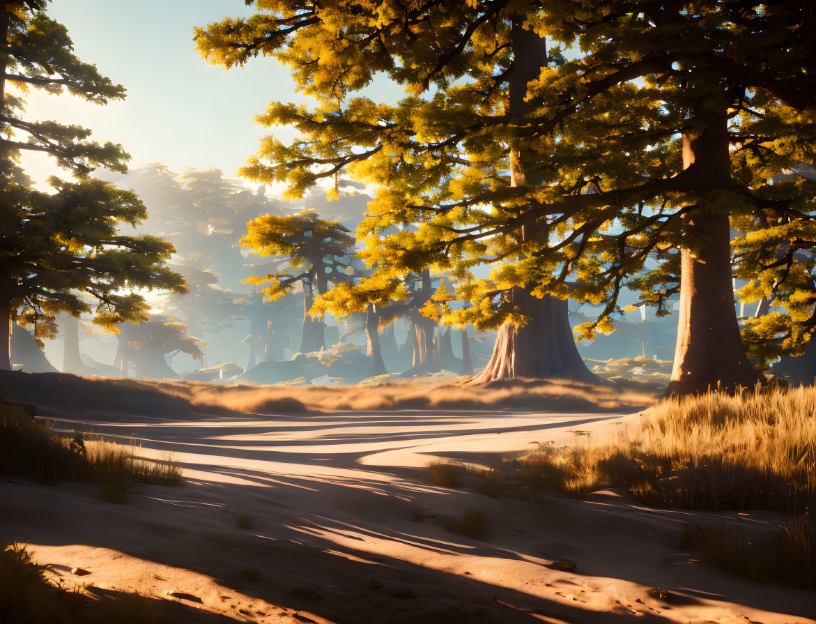 Tranquil forest path with towering trees in golden light