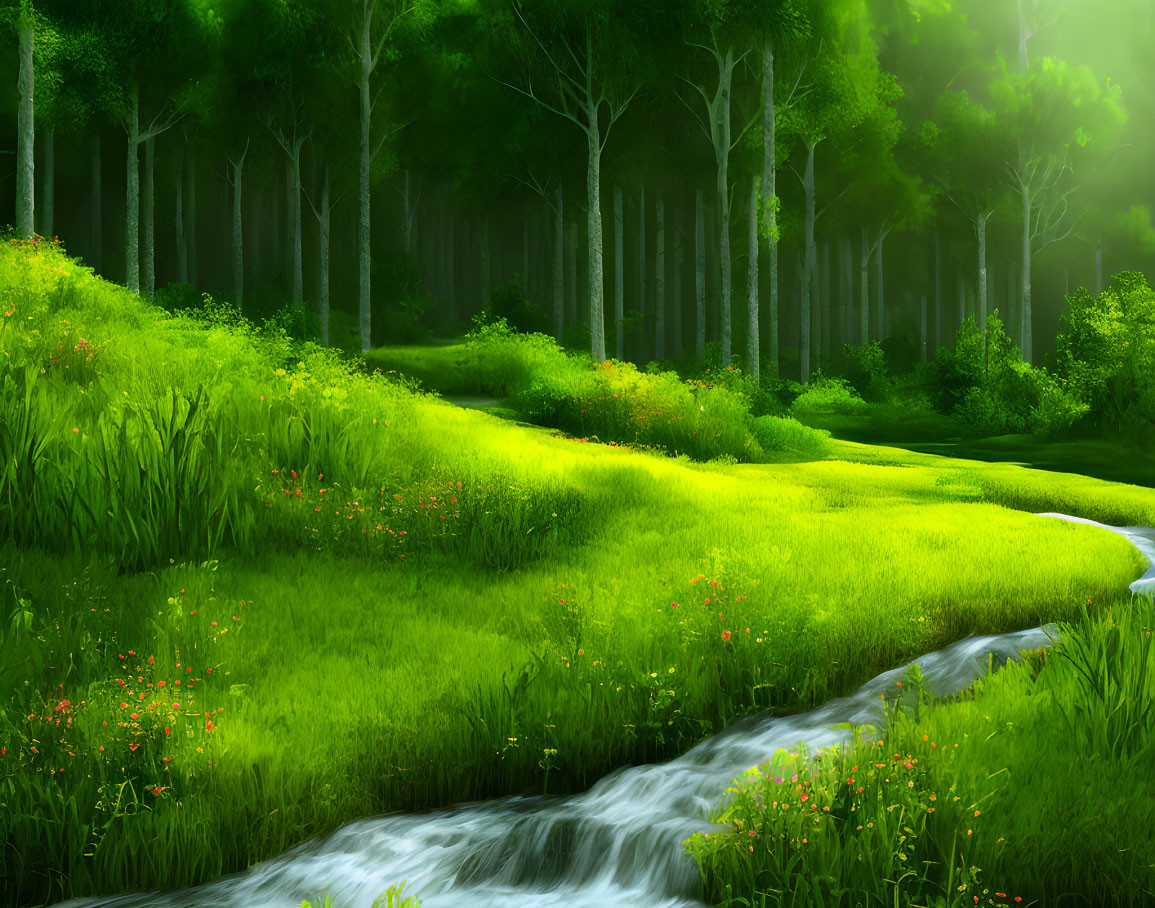 Vibrant meadow with tall trees and serene stream